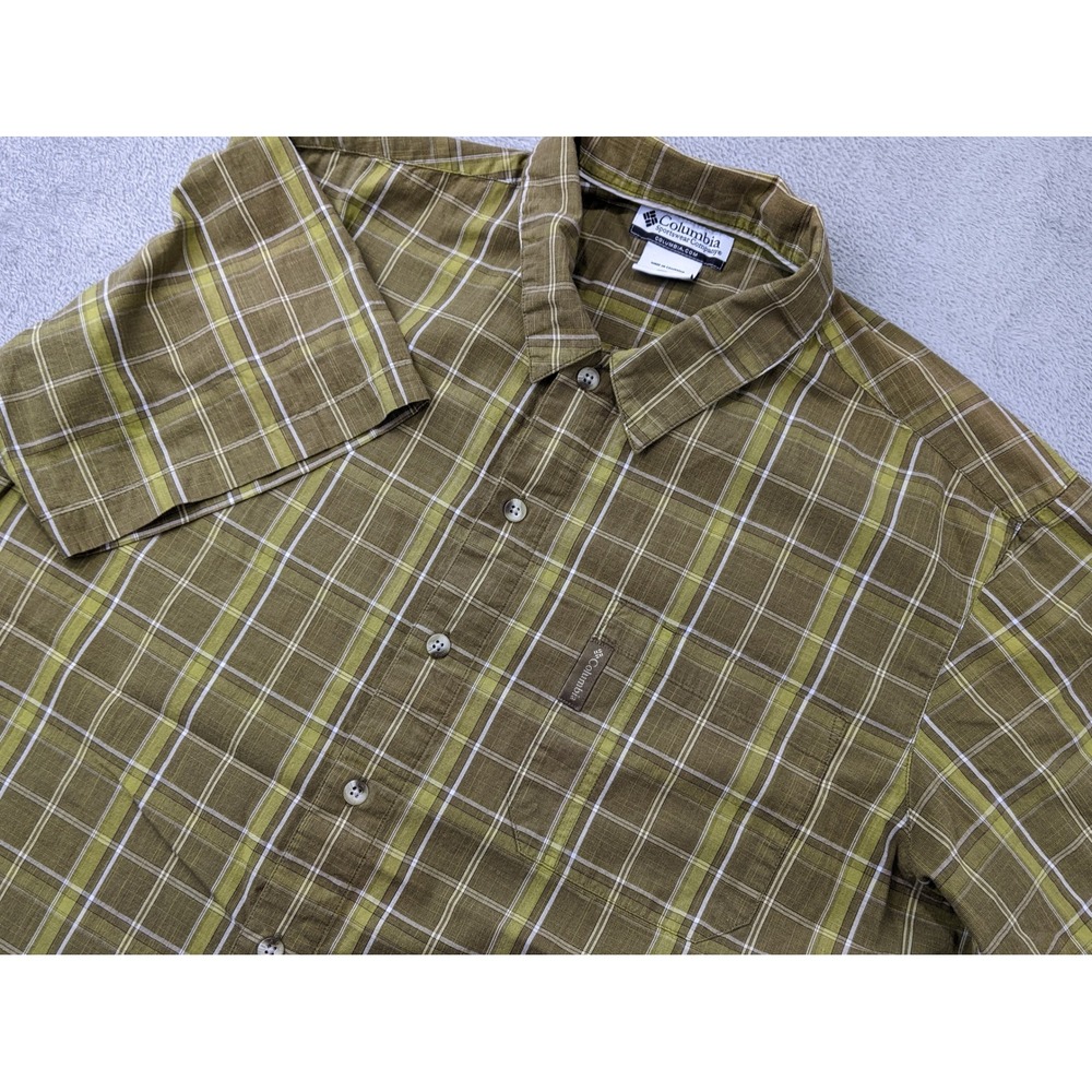 Columbia Mens XL Plaid Short Sleeve Button Up‎ Shirt Casual Olive Green